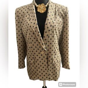 Vintage Silk Anne Klein Blazer Beige/Tan with Blue print size 8 petites